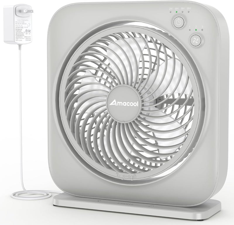 AMACOOL Table Fan, 12 inch Box Fan with 3 Adjustable Speeds & 8HRS Timer, Adjustable Angle Quiet Air Circulator, Desktop Fan for Bedroom Bathroom Kitchen Office, AC Adapter Included-Grey - Image 1